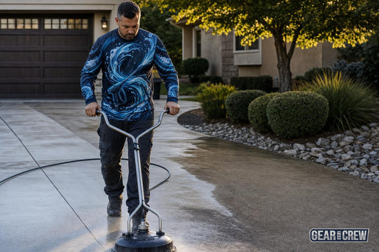 Pressure washing contractor running a surface cleaner in an all-over print work shirt