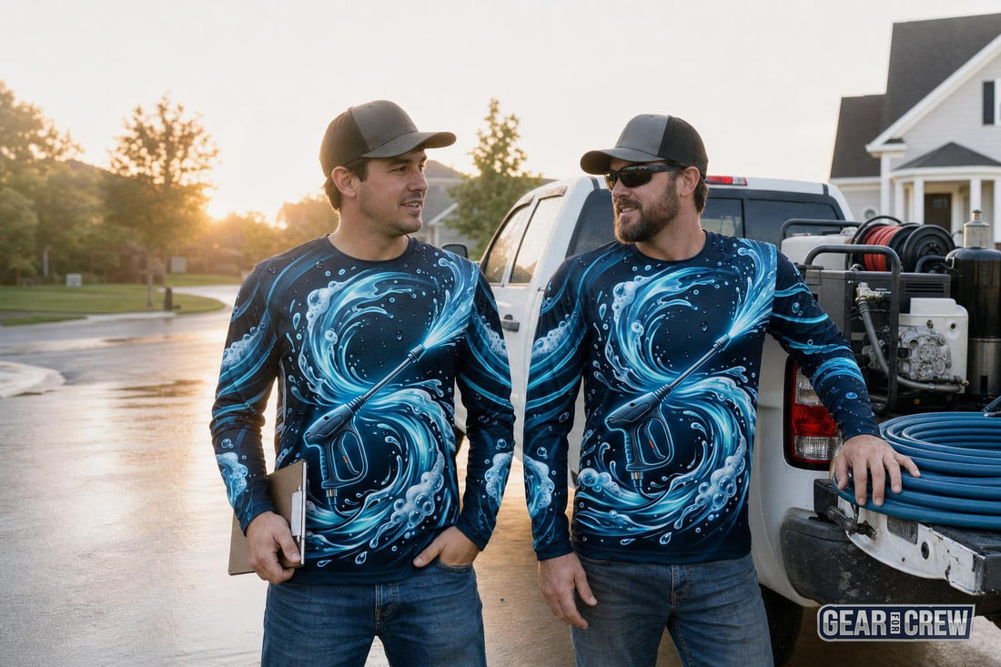 Two-man pressure washing crew in identical all-over print work shirts beside their rig at sunrise