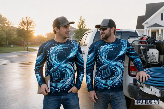 Two-man pressure washing crew in identical all-over print work shirts beside their rig at sunrise
