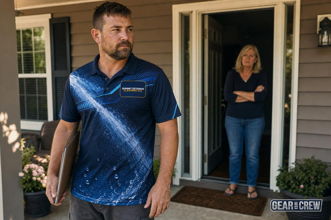 Homeowner in her doorway evaluating a contractor in a marked work polo holding a clipboard