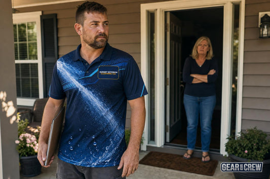 Homeowner in her doorway evaluating a contractor in a marked work polo holding a clipboard
