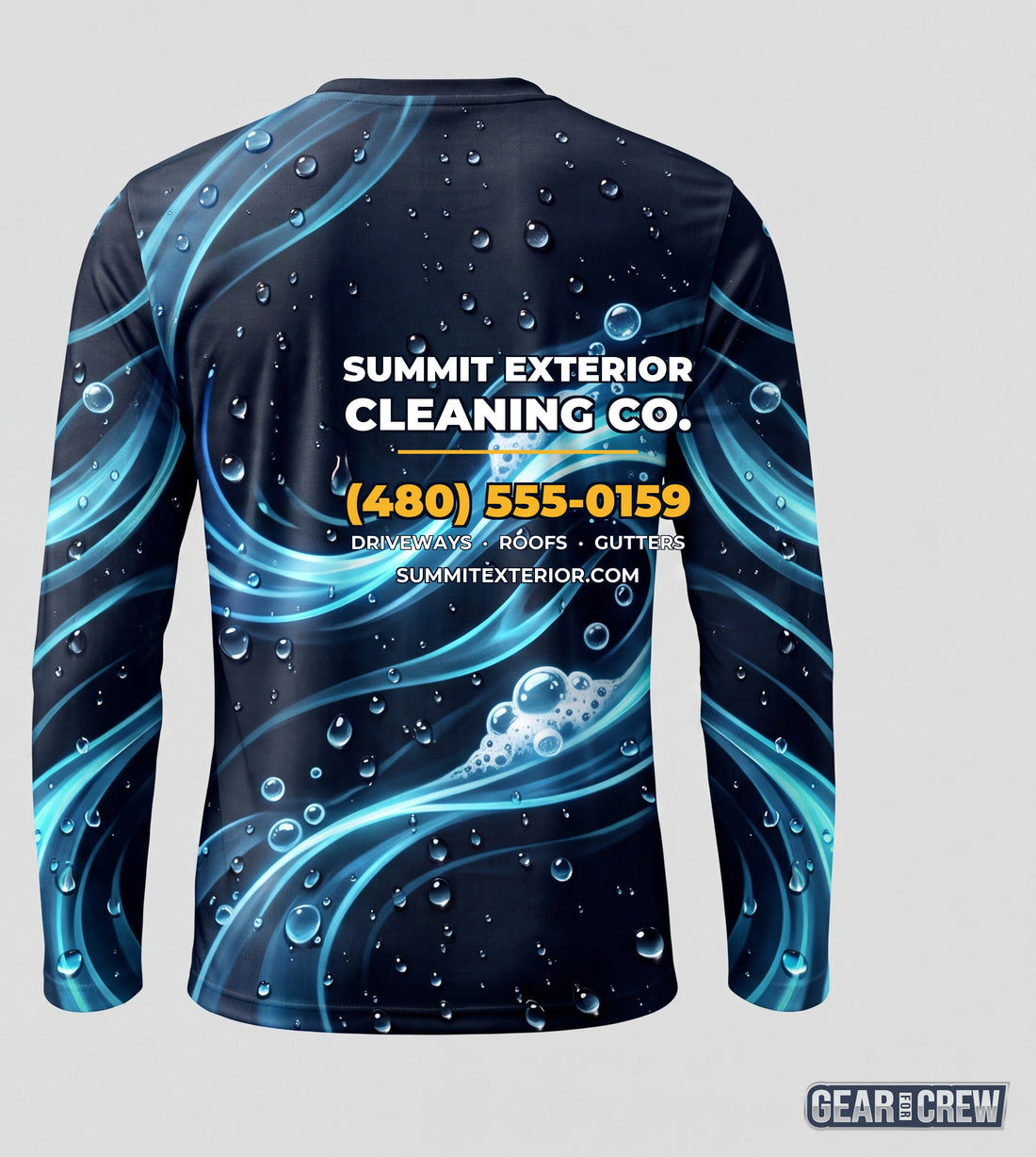Work shirt back showing company name, phone number, services and website printed into the fabric