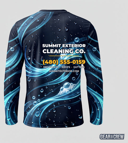 Work shirt back showing company name, phone number, services and website printed into the fabric