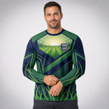 Sunrise Meadow Energy Green lawn care work shirt — long sleeve on model, front view, premium all-over sublimation