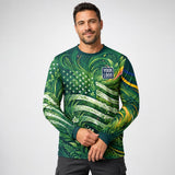 Green Glory USA Patriot Green lawn care work shirt — long sleeve on model, front view, premium all-over sublimation
