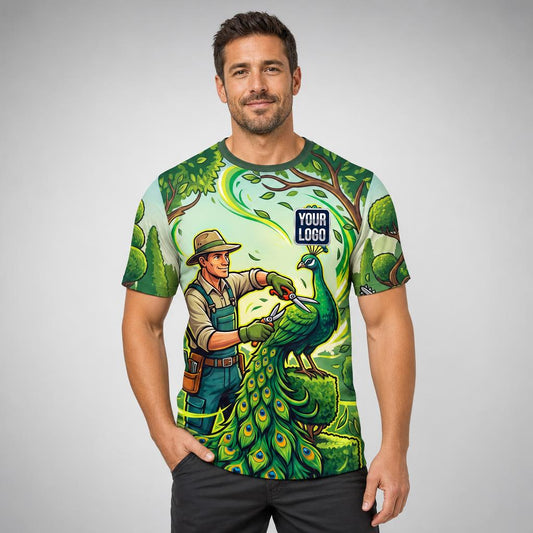 Peacock Topiary Lawn Signature lawn care work shirt — t-shirt on model, front view, premium all-over sublimation