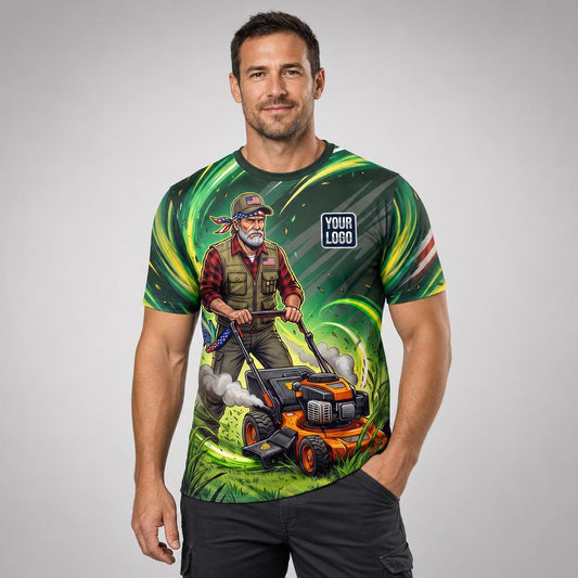 Orange Mower Lawn Signature lawn care work shirt — t-shirt on model, front view, premium all-over sublimation