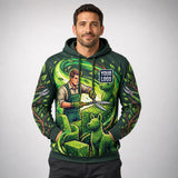 Topiary Dog Lawn Signature lawn care work shirt — hoodie on model, front view, premium all-over sublimation