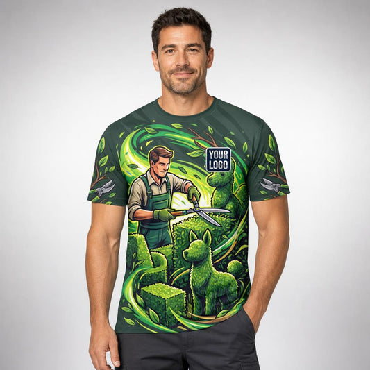 Topiary Dog Lawn Signature lawn care work shirt — t-shirt on model, front view, premium all-over sublimation