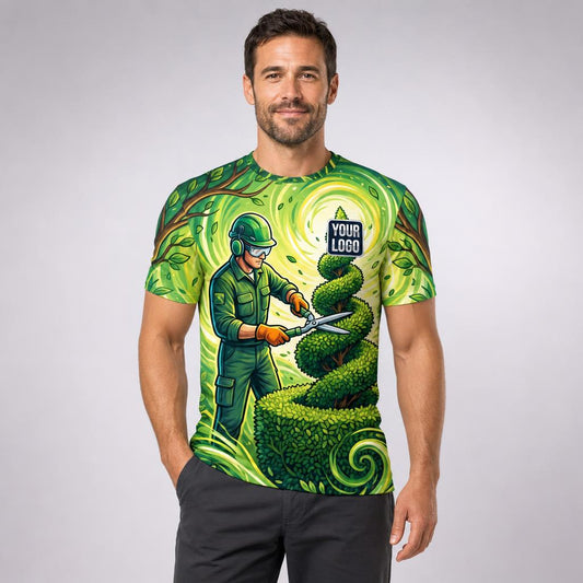 Hedge Trimmer Lawn Signature lawn care work shirt — t-shirt on model, front view, premium all-over sublimation