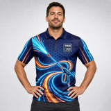Glow Gun Deep Water Signature pressure washing work shirt — polo shirt on model, front view, premium all-over sublimation