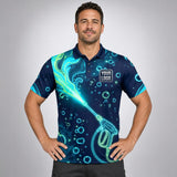 Neon Liquid Deep Water Signature pressure washing work shirt — polo shirt on model, front view, premium all-over sublimation