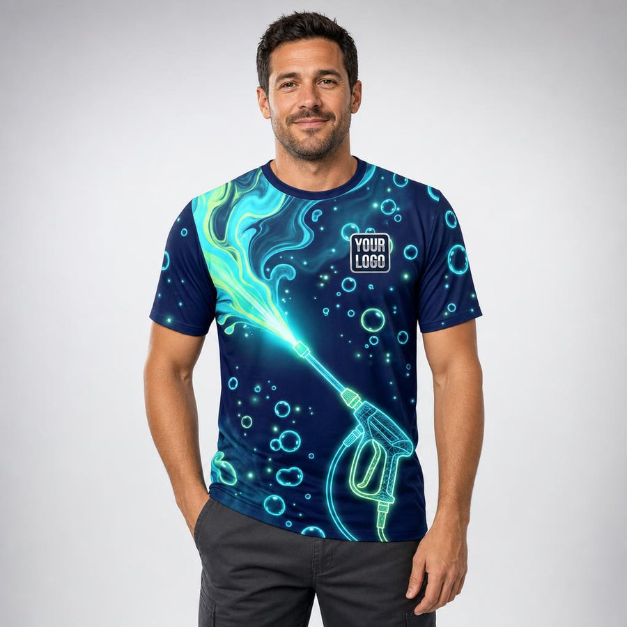 Neon Liquid Deep Water Signature pressure washing work shirt — t-shirt on model, front view, premium all-over sublimation