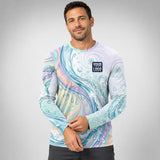Pastel Swirl Water Natural pressure washing work shirt — long sleeve on model, front view, premium all-over sublimation