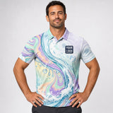 Pastel Swirl Water Natural pressure washing work shirt — polo shirt on model, front view, premium all-over sublimation