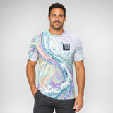 Pastel Swirl Water Natural pressure washing work shirt — t-shirt on model, front view, premium all-over sublimation