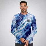 Star Waves USA Patriot Water pressure washing work shirt — long sleeve on model, front view, premium all-over sublimation