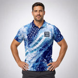 Star Waves USA Patriot Water pressure washing work shirt — polo shirt on model, front view, premium all-over sublimation