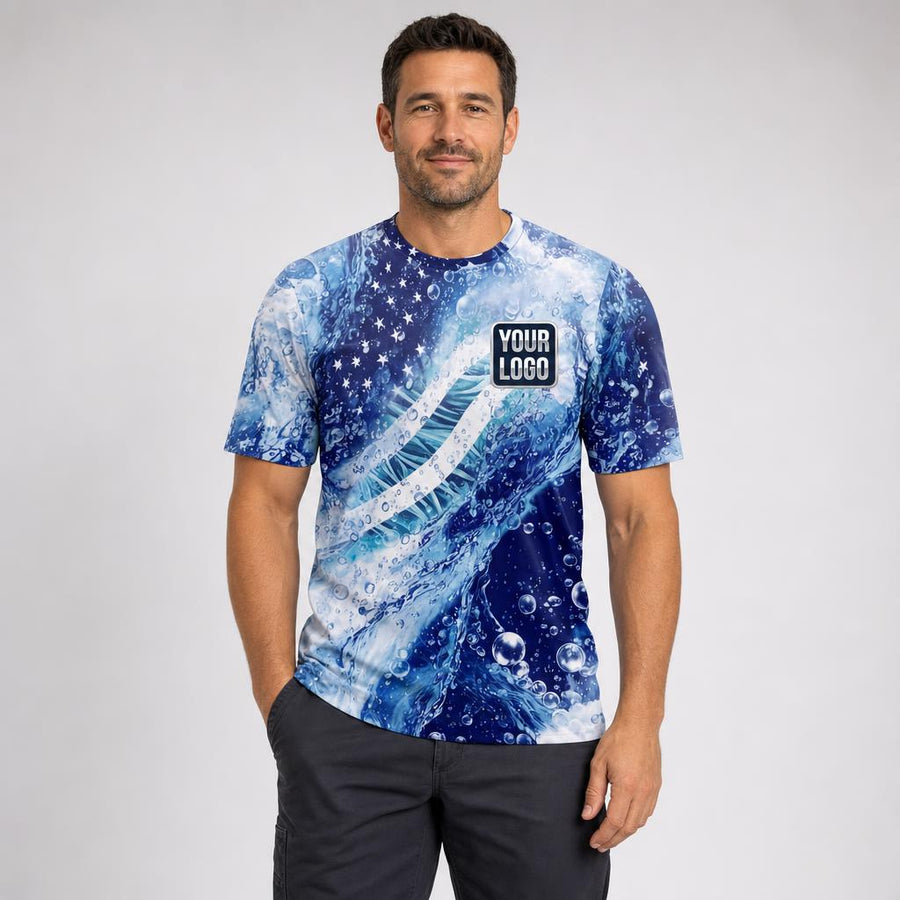Star Waves USA Patriot Water pressure washing work shirt — t-shirt on model, front view, premium all-over sublimation