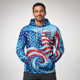 Old Glory Swirl USA Patriot Water pressure washing work shirt — hoodie on model, front view, premium all-over sublimation