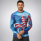 Old Glory Swirl USA Patriot Water pressure washing work shirt — long sleeve on model, front view, premium all-over sublimation