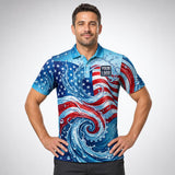 Old Glory Swirl USA Patriot Water pressure washing work shirt — polo shirt on model, front view, premium all-over sublimation