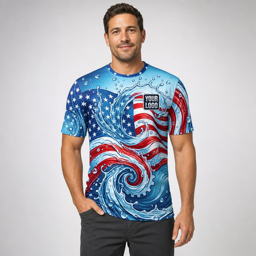 Old Glory Swirl USA Patriot Water pressure washing work shirt — t-shirt on model, front view, premium all-over sublimation