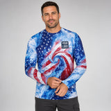 Patriot Vortex USA Patriot Water pressure washing work shirt — long sleeve on model, front view, premium all-over sublimation
