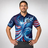 Freedom Wave USA Patriot Water pressure washing work shirt — polo shirt on model, front view, premium all-over sublimation
