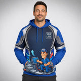 Airflow Tech HVAC Mascot HVAC work shirt — hoodie on model, front view, premium all-over sublimation