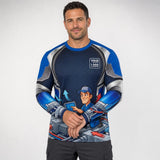 Airflow Tech HVAC Mascot HVAC work shirt — long sleeve on model, front view, premium all-over sublimation