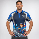 Airflow Tech HVAC Mascot HVAC work shirt — polo shirt on model, front view, premium all-over sublimation