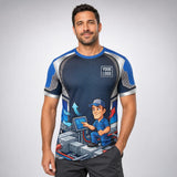 Airflow Tech HVAC Mascot HVAC work shirt — t-shirt on model, front view, premium all-over sublimation