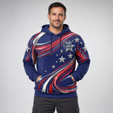 Star Swirl USA Patriot HVAC HVAC work shirt — hoodie on model, front view, premium all-over sublimation