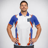 Frost & Flame HVAC Signature HVAC work shirt — polo shirt on model, front view, premium all-over sublimation