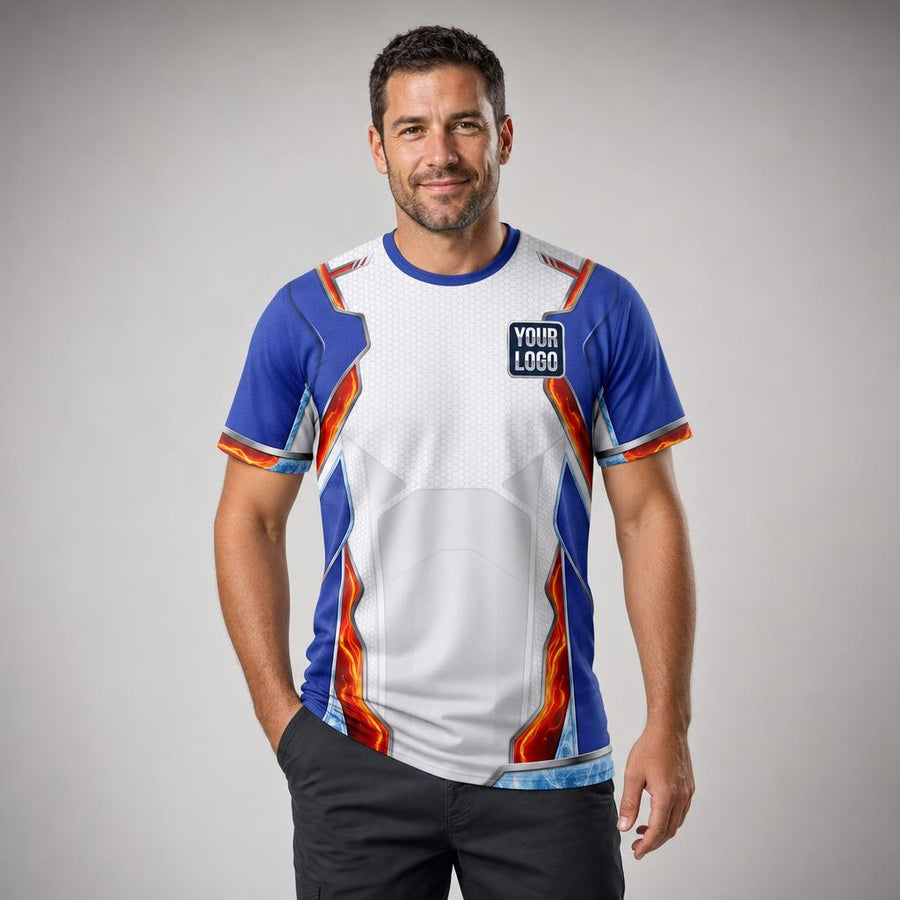 Frost & Flame HVAC Signature HVAC work shirt — t-shirt on model, front view, premium all-over sublimation