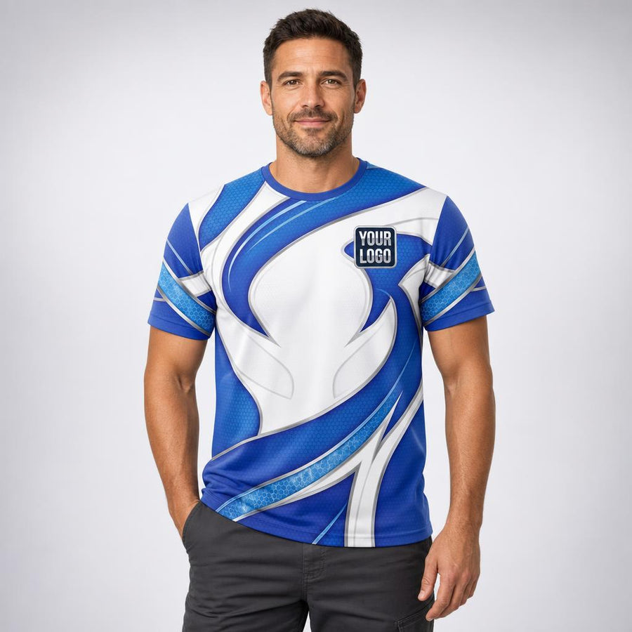 Royal Swirl HVAC Signature HVAC work shirt — t-shirt on model, front view, premium all-over sublimation