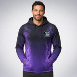 Purple Haze Pest Signature pest control work shirt — hoodie on model, front view, premium all-over sublimation
