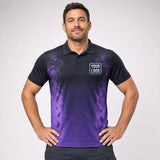 Purple Haze Pest Signature pest control work shirt — polo shirt on model, front view, premium all-over sublimation