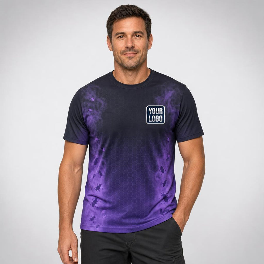 Purple Haze Pest Signature pest control work shirt — t-shirt on model, front view, premium all-over sublimation