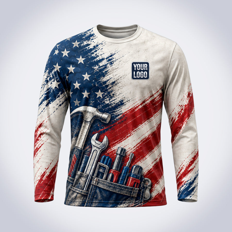 Flag Hammer handyman work shirt – front, full-body sublimation print