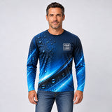 Hex Drop auto detailing work shirt – long sleeve shirt worn by a model, full-body sublimation print