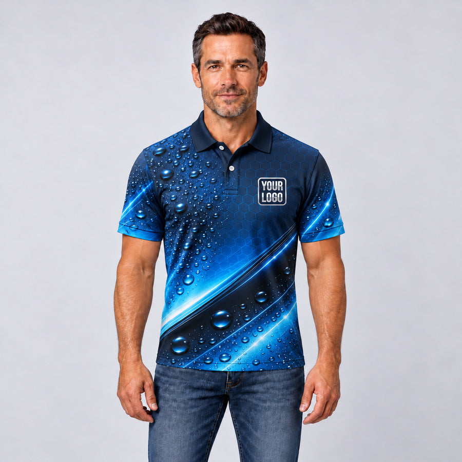 Hex Drop auto detailing work shirt – polo shirt worn by a model, full-body sublimation print