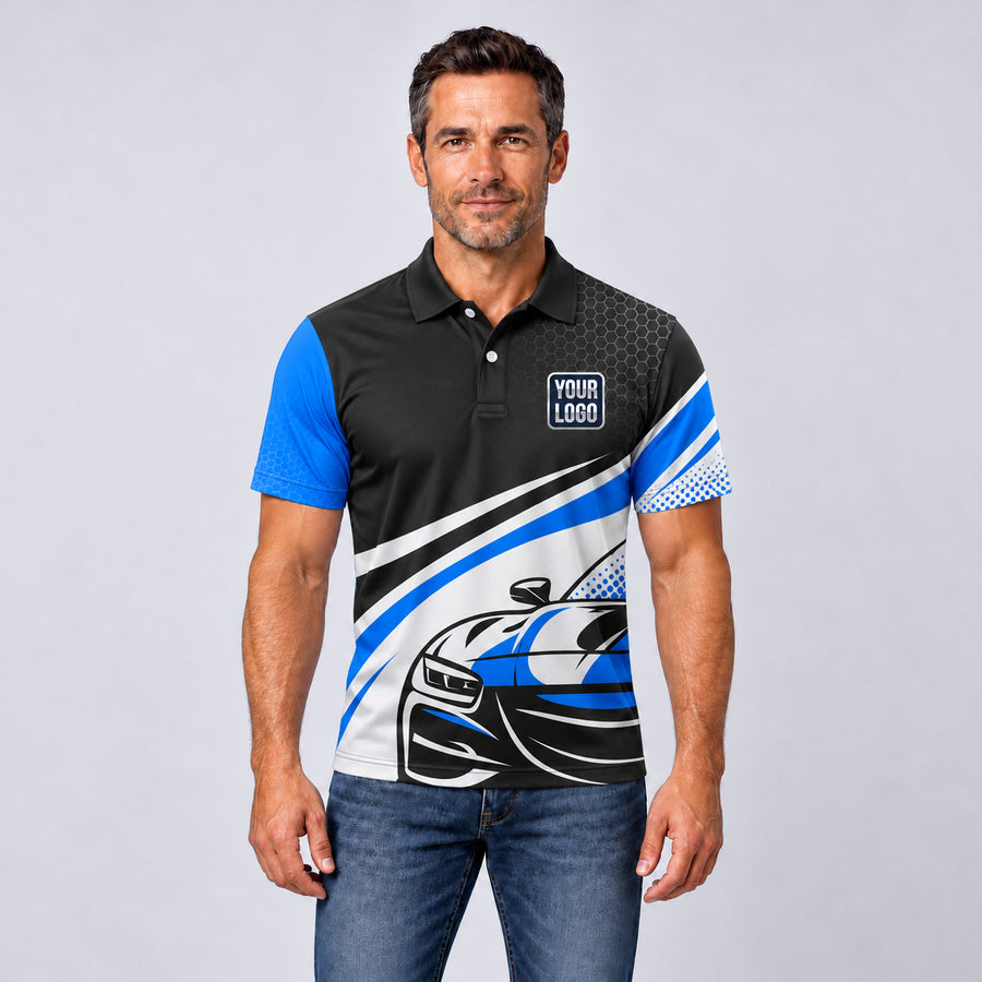Flat Vector auto detailing work shirt – polo shirt worn by a model, full-body sublimation print