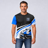 Flat Vector auto detailing work shirt – t-shirt worn by a model, full-body sublimation print