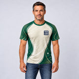 Forest Cream auto detailing work shirt – t-shirt worn by a model, full-body sublimation print