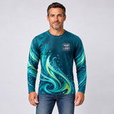 Teal Vortex auto detailing work shirt – long sleeve shirt worn by a model, full-body sublimation print