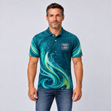 Teal Vortex auto detailing work shirt – polo shirt worn by a model, full-body sublimation print