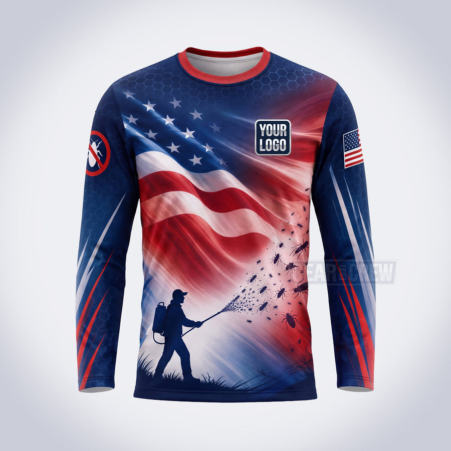 PCP001 - Old Glory Sprayer USA Patriot Pest Collection - Custom Work Shirt for Pest Control & Extermination, Premium Sublimation