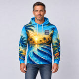 Sunset Steps pool cleaning shirt – hoodie worn by a model, full-body sublimation print